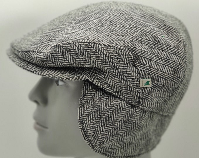 Irish Tweed Flat Cap - Black & White Herringbone - 100% Pure New Wool - Padded - With Foldable Ear Flaps - HANDMADE IN IRELAND