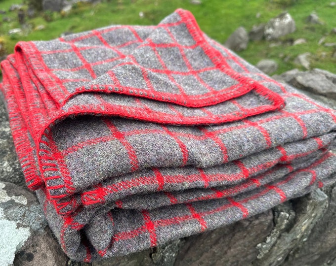 Super King Traditional Heavy 100% Pure New Irish Wool Blanket, Throw –Red Check Pattern –Mulesing-Free, Handcrafted in Ireland – 108" x 90"