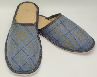 Gents Irish Tweed Slippers - green/blue/black tartan - plaid - check  - ready for shipping - MADE IN IRELAND