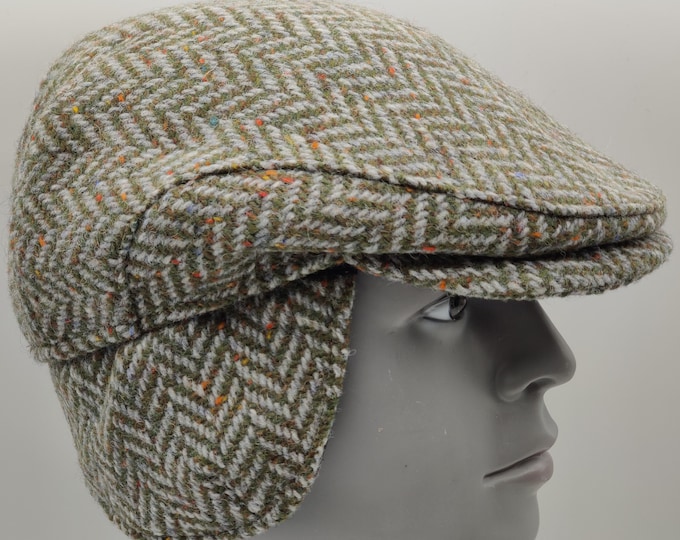 Traditional Irish Donegal Tweed Flat Cap -Speckled/Fleck Green Herringbone- 100% Wool -Padded - With Foldable Ear Flaps -HANDMADE IN IRELAND