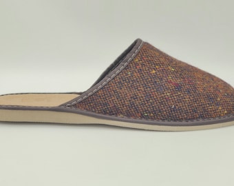 Irish Donegal tweed & genuine leather slippers - with durable sole - speckled brown - ready for shipping - MADE IN IRELAND