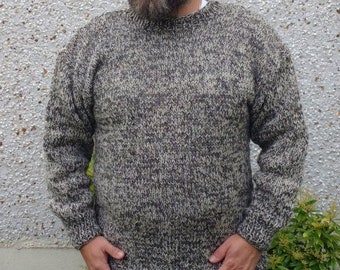 Authentic Irish Fisherman Sweater-FREE SHIPPING- white&gray-100% raw organic wool-hand spoon yarn-undyed-unprocessed-Hand knitted in Ireland