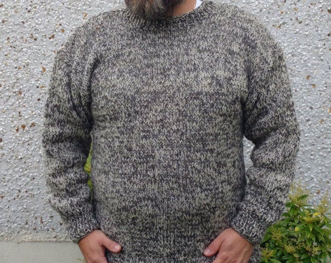 Authentic Irish Fisherman Sweater-FREE SHIPPING- white&gray-100% raw organic wool-hand spoon yarn-undyed-unprocessed-Hand knitted in Ireland