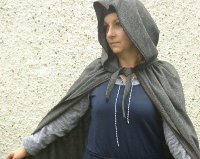 Hooded medieval wool cloak - FREE WORLDWIDE DELIVERY - 100% wool - Irish tweed - dark gray / charcoal-ready for shipping-Handmade in Ireland