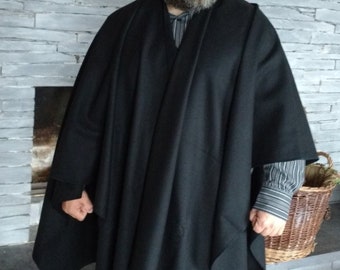 Irish Tweed Wool Ruana, Wrap, Cape, Arisaid , Rectangle Cloak - Black - 100% Pure New Wool - unisex - HANDMADE IN IRELAND
