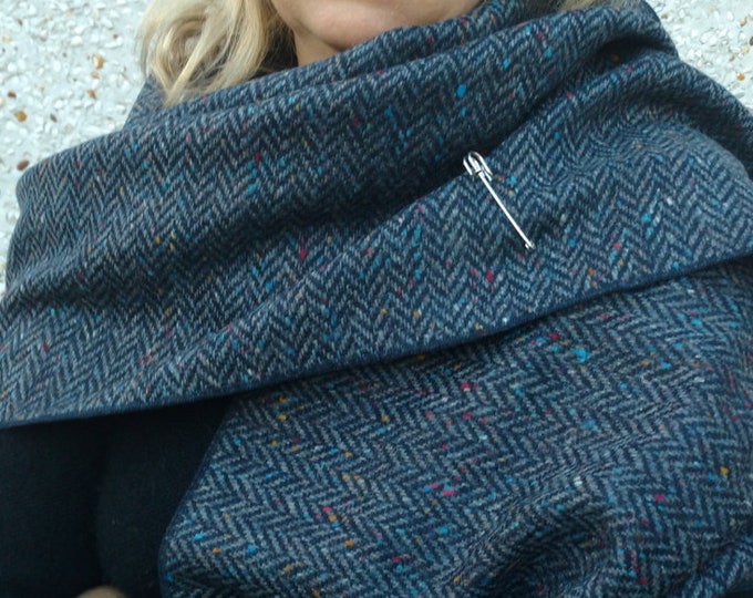 Irish Donegal Tweed Wool Shawl -Oversized Scarf, Stole - Speckled/Fleck- Navy & Blue Herringbone - 100% Pure New Wool - HANDMADE IN IRELAND