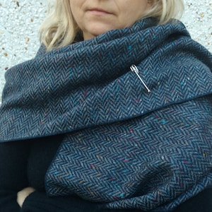 Irish Donegal Tweed Wool Shawl -Oversized Scarf, Stole - Speckled/Fleck- Navy & Blue Herringbone - 100% Pure New Wool - HANDMADE IN IRELAND