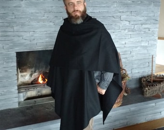 Irish Tweed Wool Ruana, Wrap, Cape, Arisaid , Rectangle Cloak - Black - 100% Pure New Wool - unisex - HANDMADE IN IRELAND