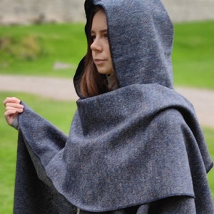 Irish Donegal Tweed Hooded Cape, Ruana, Wrap, Rectangle Cloak - Speckled / Fleck  Navy Blue - 100% Pure New Wool - HANDMADE IN IRELAND