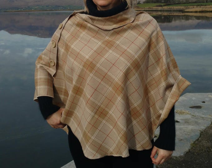 FREE SHIPPING -3in1 - Irish tweed wool poncho, cape & shawl-100% wool- beige,white,red tartan - rounded shape - Handmade in Ireland