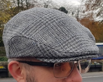 Traditional Irish tweed Flat Cap -Paddy Cap- Grey/Blue Tartan /Plaid/Check -Prince of Wales tartan- 100% Wool -Padded -  HANDMADE IN IRELAND