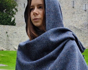 Hooded Irish Donegal Tweed Cape, Rectangle Cloak, Ruana - Speckled Denim Navy Herringbone - 100% Pure New Wool -Unisex - HANDMADE IN IRELAND