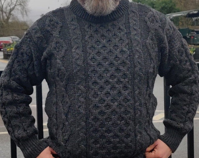 Traditional Aran Sweater - 100% Pure New Wool / Pure Soft Merino Wool To Choose From - Charcoal - - Proper Irish Sweater - MADE IN IRELAND