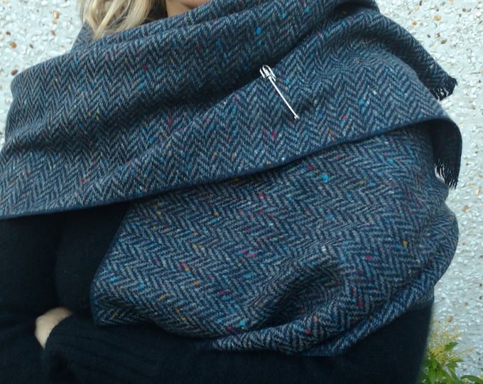 Navy Blue Donegal Tweed Wool Shawl, Flecked Herringbone Wrap with Pin, Handmade in Ireland