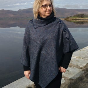 3in1 - Irish tweed wool poncho, cape & shawl-100% wool-blue/navy herringbone - 2 shapes available - ready for shipping  -HANDMADE IN IRELAND
