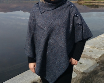 3in1 - Irish tweed wool poncho, cape & shawl-100% wool-blue/navy herringbone - 2 shapes available - ready for shipping  -HANDMADE IN IRELAND