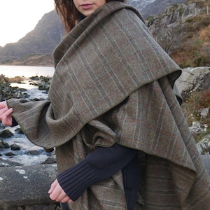 Irish tweed wool ruana, wrap, cape, coat, arisaid - brown/green  Irish tartan/ plaid check - 100% wool - HANDMADE IN IRELAND