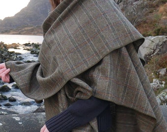 Irish tweed wool ruana, wrap, cape, coat, arisaid - brown/green  Irish tartan/ plaid check - 100% wool - HANDMADE IN IRELAND
