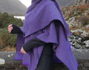 Irish Donegal Tweed Ruana, Wrap, Cape, Rectangle Cloak - Purple Herringbone - 100% Pure New Wool - HEAVY TWEED - Handmade in Ireland