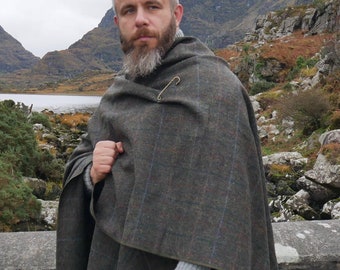 Irish Donegal Tweed Wool Cape, Ruana, Rectangle Cloak  - Moss Green Herringbone With Overcheck - 100% Pure New Wool - HANDMADE IN IRELAND