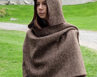Irish Donegal Tweed Wool Hooded Ruana, Cape, Rectangle Cloak - Speckled Brown/Bronze Herringbone - Heavy Tweed -Unisex - HANDMADE IN IRELAND