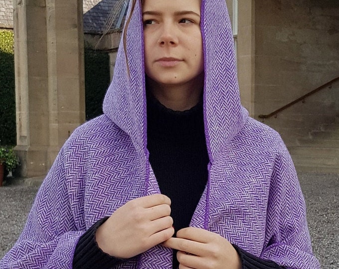 Irish Donegal Tweed Wool Hooded Cape, Cloak , Robe, Ruana, Wrap, Arisaid - Speckled / Fleck Purple & White Herringbone - HANDMADE IN IRELAND