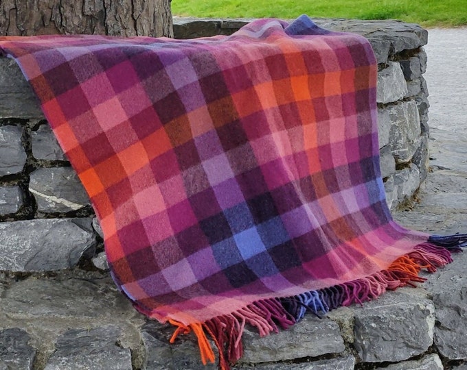 Supersoft Irish Lambswool Blanket / Throw - Pink Peony Viola Orange Check - 137x180 cm (54x71'') - 100% Pure New Lambswool - MADE IN IRELAND