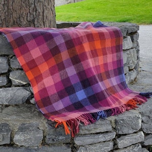Supersoft Irish Lambswool Blanket / Throw - Pink Peony Viola Orange Check - 137x180 cm (54x71&#39;&#39;) - 100% Pure New Lambswool - MADE IN IRELAND