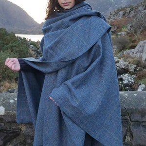 Irish Donegal Tweed Wool Ruana, Wrap, Cape, Cloak - Grey & Denim Herringbone With Overcheck - 100% Pure New Wool - HANDMADE IN IRELAND