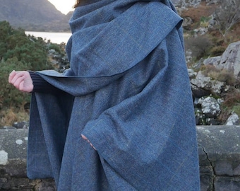 Irish Donegal Tweed Wool Ruana, Wrap, Cape, Cloak - Grey & Denim Herringbone With Overcheck - 100% Pure New Wool - HANDMADE IN IRELAND