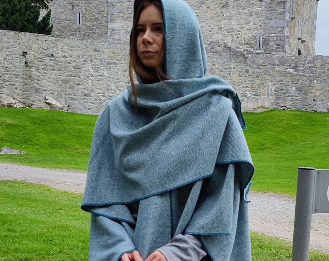 Hooded Irish Lambswool Tweed Cape, Rectangle Cloak, Ruana -Atlantic Teal/White Chevron- 100% Pure New Wool -Lightweight- HANDMADE IN IRELAND