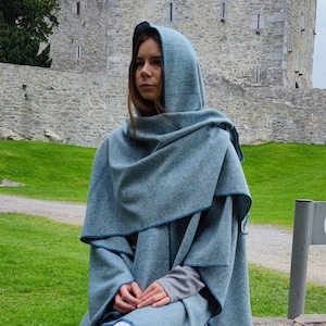 Hooded Irish Lambswool Tweed Cape, Rectangle Cloak, Ruana -Atlantic Teal/White Chevron- 100% Pure New Wool -Lightweight- HANDMADE IN IRELAND
