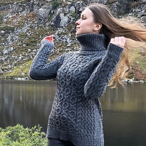 Irish Aran Turtleneck / Roll Neck Ladies Sweater - 100% Merino Wool - Slate Grey - Soft , Chunky & Really Warm / Breathable -MADE IN IRELAND