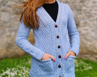 Irish Aran Merino Wool Cardigan Lumber Jacket - Sky Marl Blue  - With Pockets - 100% Pure Merino Wool - Warm & Chunky - HANDMADE IN IRELAND