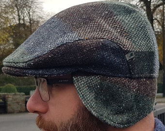 Traditional Irish Donegal Tweed Flat Cap - Green Brown Block Check - 100% Wool - Padded With Foldable Ear Flaps - HANDMADE IN IRELAND