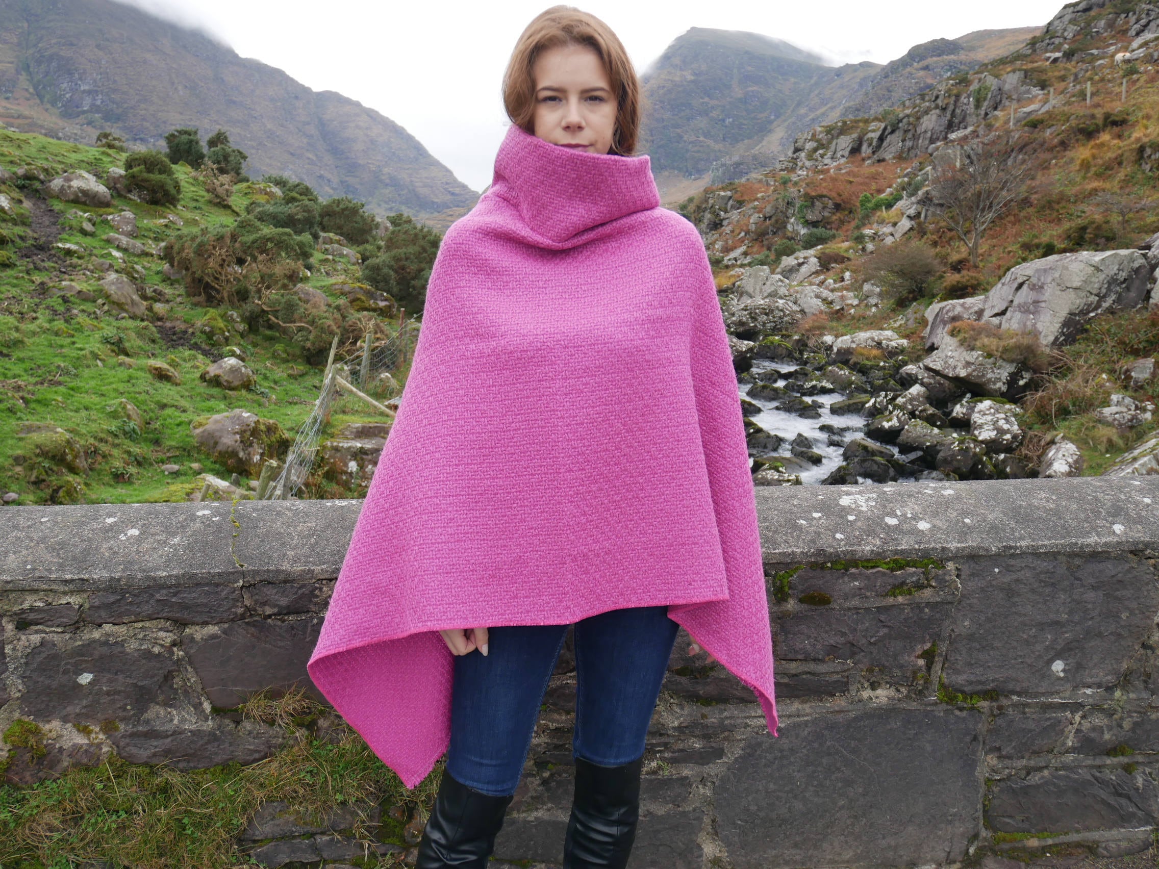 Irish tweed poncho/cape with turtleneck -100% wool - pink - heavy ...