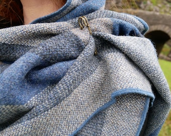 Irish tweed wool shawl, oversized scarf, stole - grey/blue/black stripes - hand fringed - 100% wool  - HANDMADE IN IRELAND