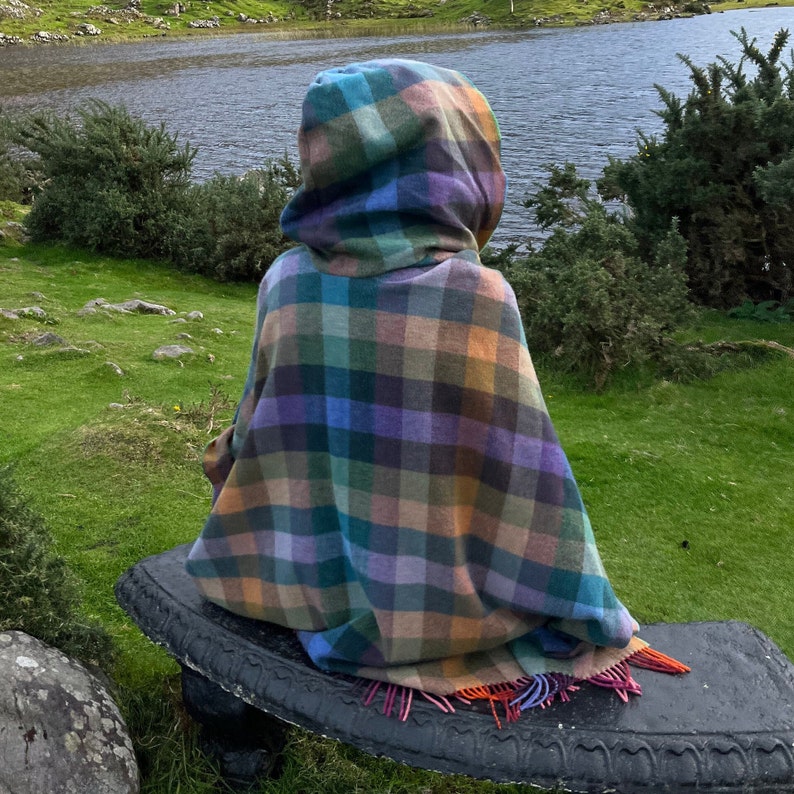 Hooded Supersoft Lambswool Cape, Ruana, Wrap , Shawl - 100% Pure New Wool - Multicolour Check - One Size Fits All - HANDMADE IN IRELAND image 8