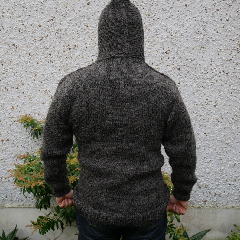 Authentic Irish Fisherman sweater-hooded-ribbed pattern-gray-100% raw wool-hand spoon yarn-unprocessed UNDYED Hand knitted in Ireland image 3