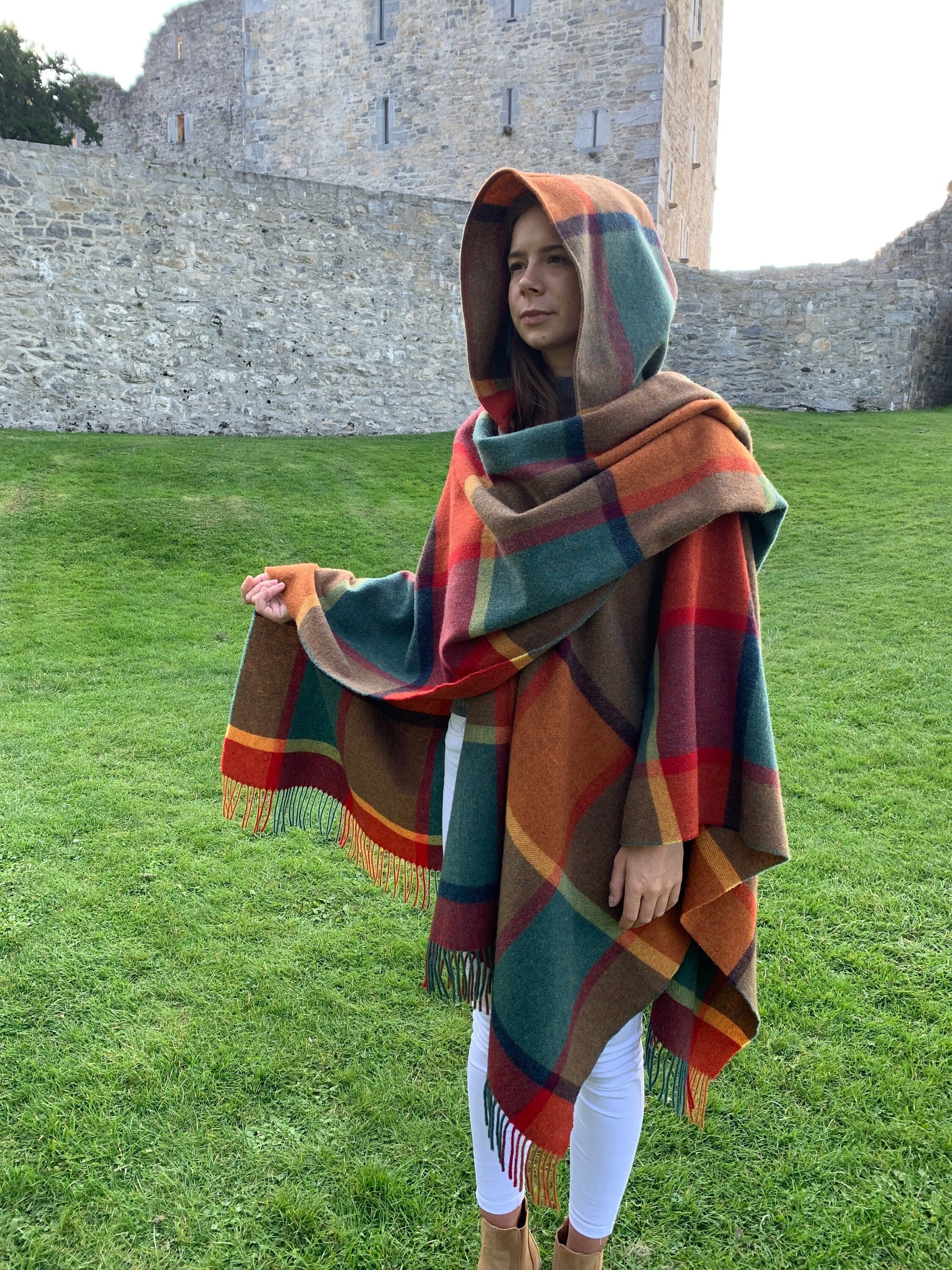 Hooded Irish Pure Lambswool Cape, Ruana, Wrap , Shawl - 100% Pure New Wool  - Orange/Green/Yellow/Wine Check - Supersoft -HANDMADE IN IRELAND