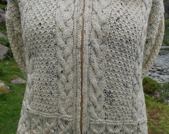 Hooded Aran Zipper Cardigan - Cream Nep / With Fleck - 100% Pure New Wool - Chunky & Heavy - MADE IN IRELAND