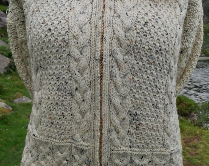 Hooded Aran Zipper Cardigan - Cream Nep / With Fleck - 100% Pure New Wool - Chunky & Heavy - MADE IN IRELAND