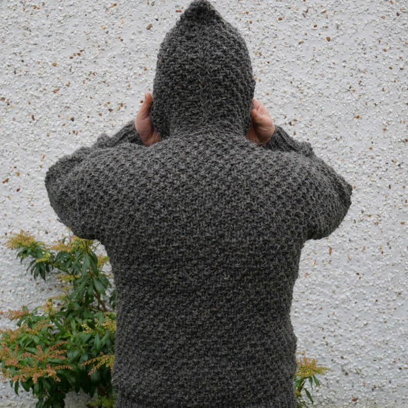 Irish Medieval sweater hooded dragon scale pattern 100% raw wool-organic-hand spun wool yarn UNDYED grey Hand knitted in Ireland image 3