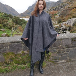 Irish Donegal Tweed Wool Ruana, Cape, Wrap, Cloak Charcoal/ Grey Salt & Pepper Herringbone Heavy Tweed Unisex HANDMADE IN IRELAND image 5