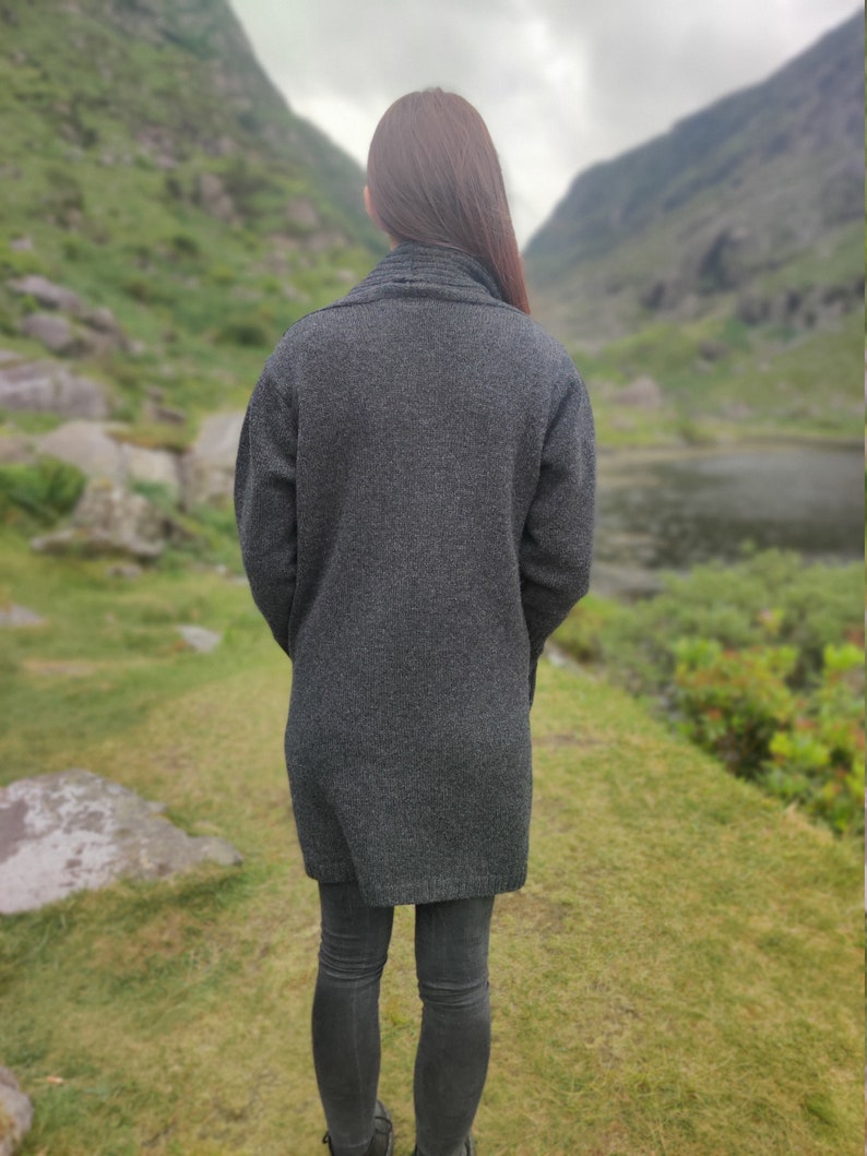 Rib Edge Knitted Ladies Jacket Long with Pockets 100% Pure New Soft Lambswool Charcoal really warm & chunky HANDMADE IN IRELAND image 7