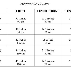 May include: Waistcoat size chart with measurements in inches and centimeters. The chart shows sizes XS, S, M, L, and XL with corresponding chest, front length, and back length measurements.