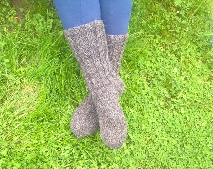 Hand knitted - grey hiking socks - 100% raw organic wool - undyed - unprocessed - ready for shipping-Handmade in Ireland