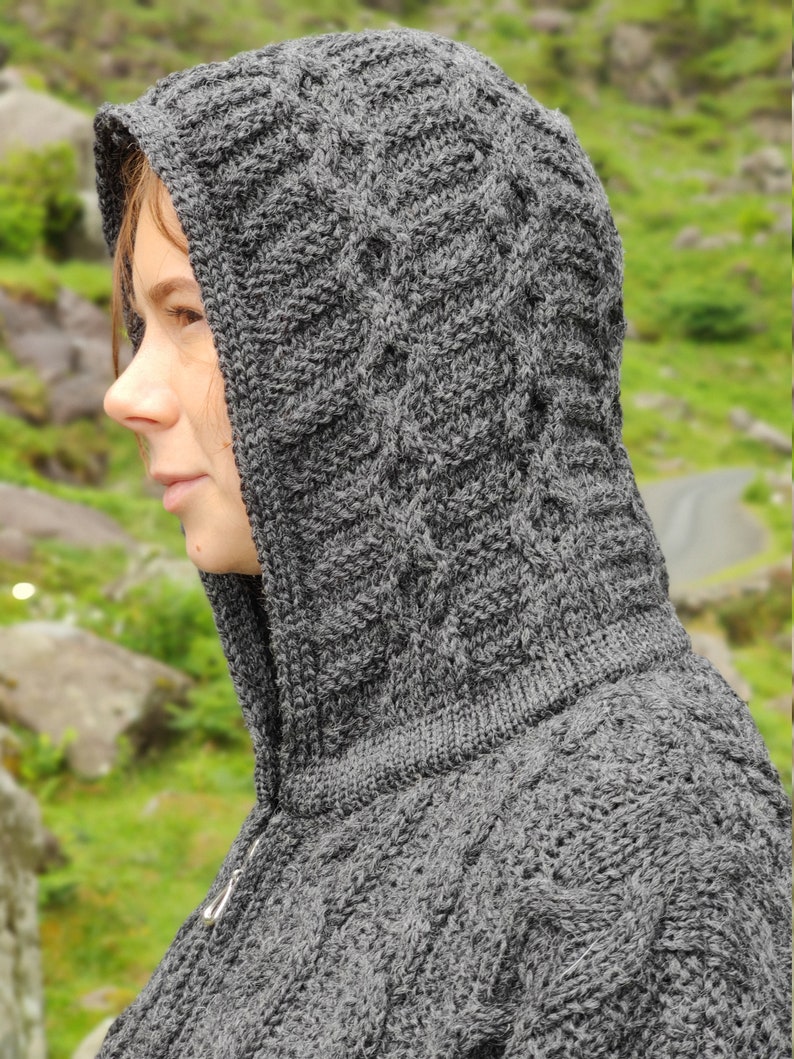 Irish Aran Long Hooded Cardigan With Pockets Charcoal 100% Pure New Wool / Pure Soft Merino Wool Really Warm & Chunky MADE IN IRELAND image 2