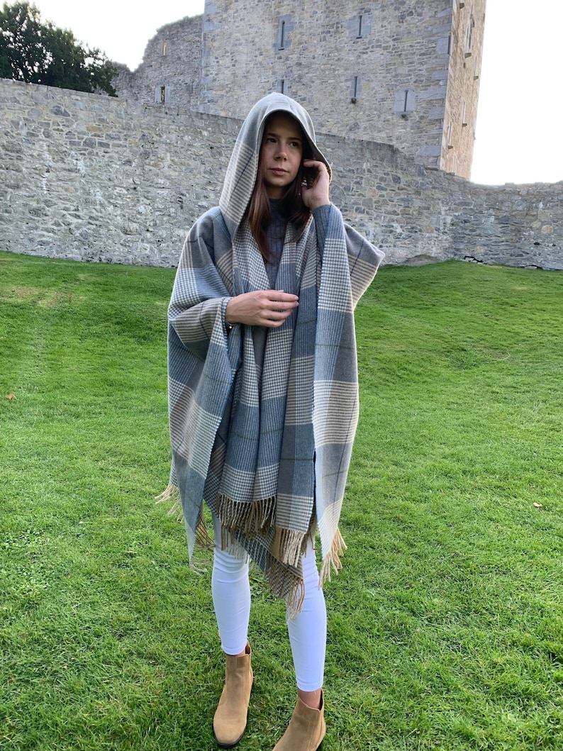 Hooded Supersoft Lambswool Cape, Ruana, Wrap , Shawl 100% Pure New Wool Cream Taupe Denim Check One Size Fits All HANDMADE IN IRELAND image 3