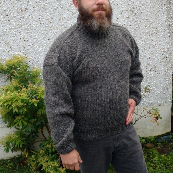 Irish Fisherman Sweater - dark gray - 100% raw organic wool - undyed - unprocessed - HAND KNITTED In IRELAND - ready for shipping